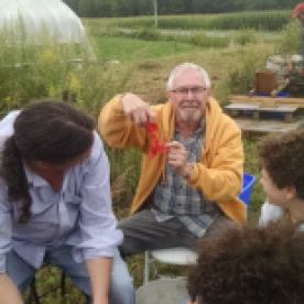 Pullman Memorial's environmental public witness contingent visited Fruition's organic seed farm down in Naples, NY at the end of August 2014. Pictured, longtime member Alan Nugent harvests tomato seeds surrounded by fellow "pulpers" member Darrell Dyke and his family.